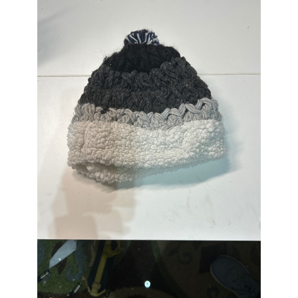 Chunky Knit Pom Pom‎ Beanie Hat Black Gray White Sherpa Lined Winter Warm